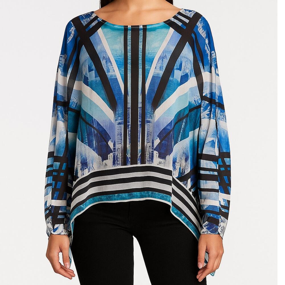 Style & Co. Petite Medium PM Blue White Black Polyester Top